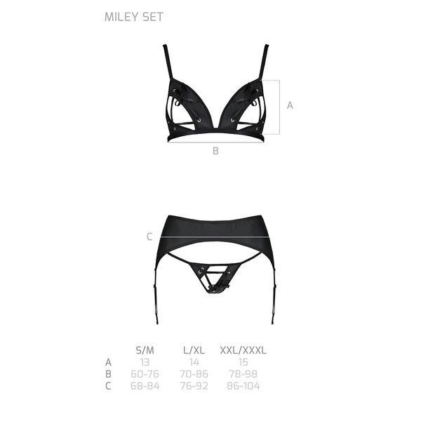 Комплект из эко-кожи Passion MILEY SET XXL/XXXL, black, трусики, бюстгальтер, пояс для чулок SO5773 фото