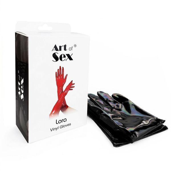 Глянцевые виниловые перчатки Art of Sex - Lora, размер M, цвет черный с эффектом голограммы SX4403 фото