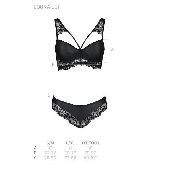 Комплект з еко-шкіри та мережива Passion LOONA SET S/M, black, бра і трусики SO5362 фото
