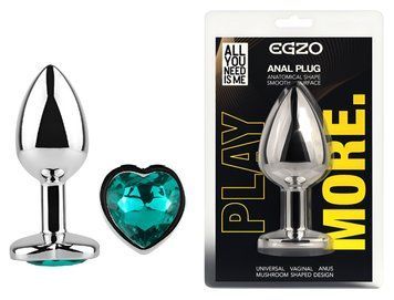 Анальна пробка з кристалом EGZO - Silver Heart Plug Marine size M MSH-07M фото