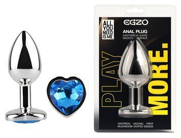 Анальна пробка з кристалом EGZO - Silver Heart Plug Blue size M MSH-11M фото