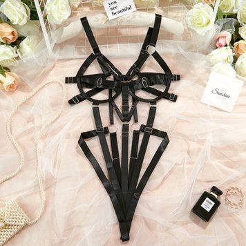 Еротичне відкрите боді з ременями "Aisha", black S OMT-W106 фото