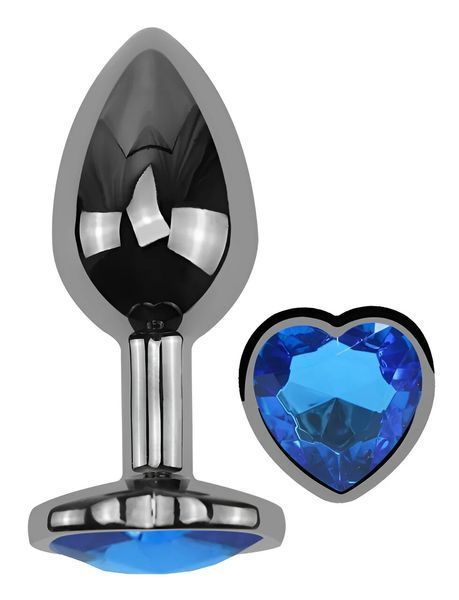 Анальна пробка EGZO Dark Silver Heart Plug M зі сталі з синім кристалом MDSH-11M фото