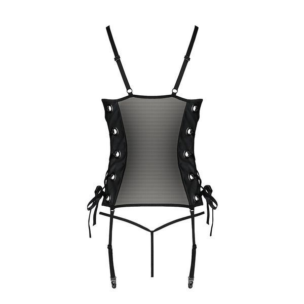 Сетчатый корсет с люверсами и съемными пажами Passion MALWIA CORSET S/M, black, эко-кожа, стринги SO5766 фото