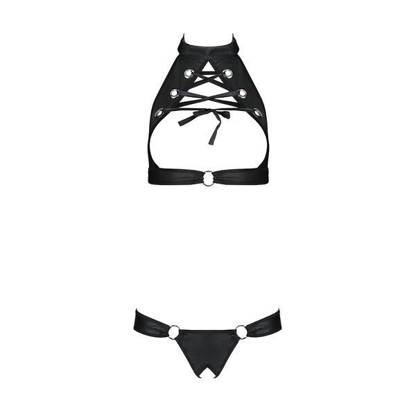 Комплект відкритий топ та трусики з екошкіри з люверсами Passion MALWIA SET with Open Bra L/XL black SO5768 фото